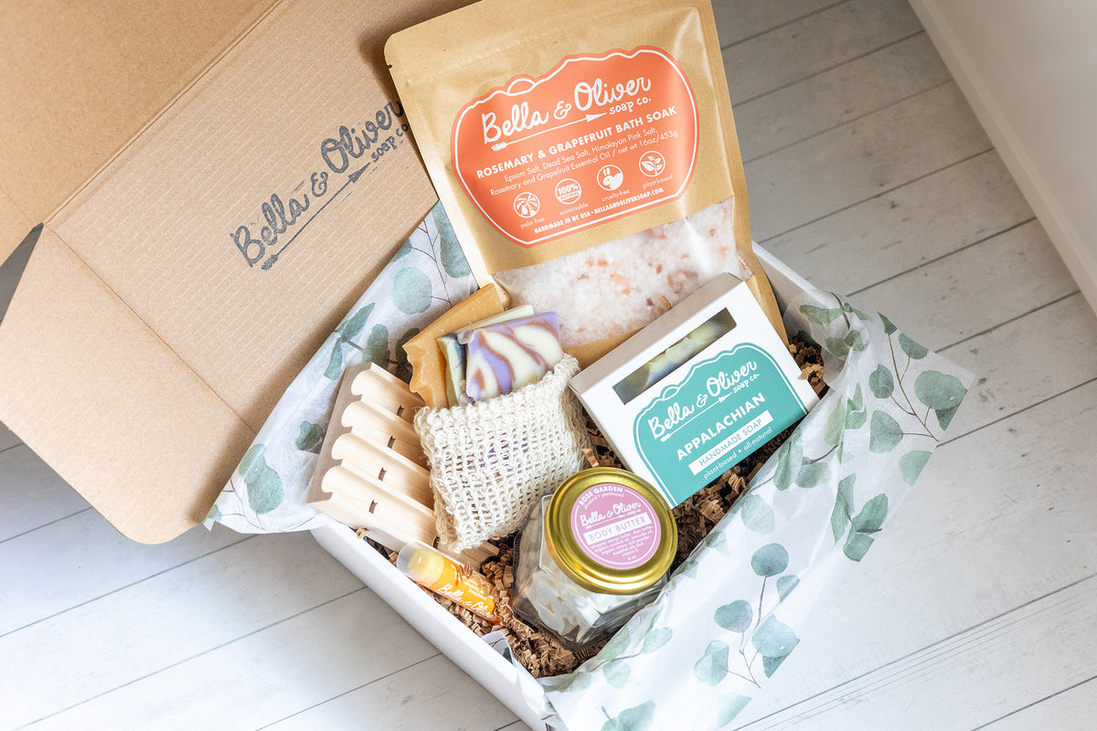 Custom Gift Box - Birthday Gift - Wedding Gift Ideas - Soap Gift Box - Skincare box - palm free soap box - Bath Fizz Body Butter Handmade Lip Balm Natural Small Batch Soap - Made In NC by Bella & Oliver Soap Co. - free shipping